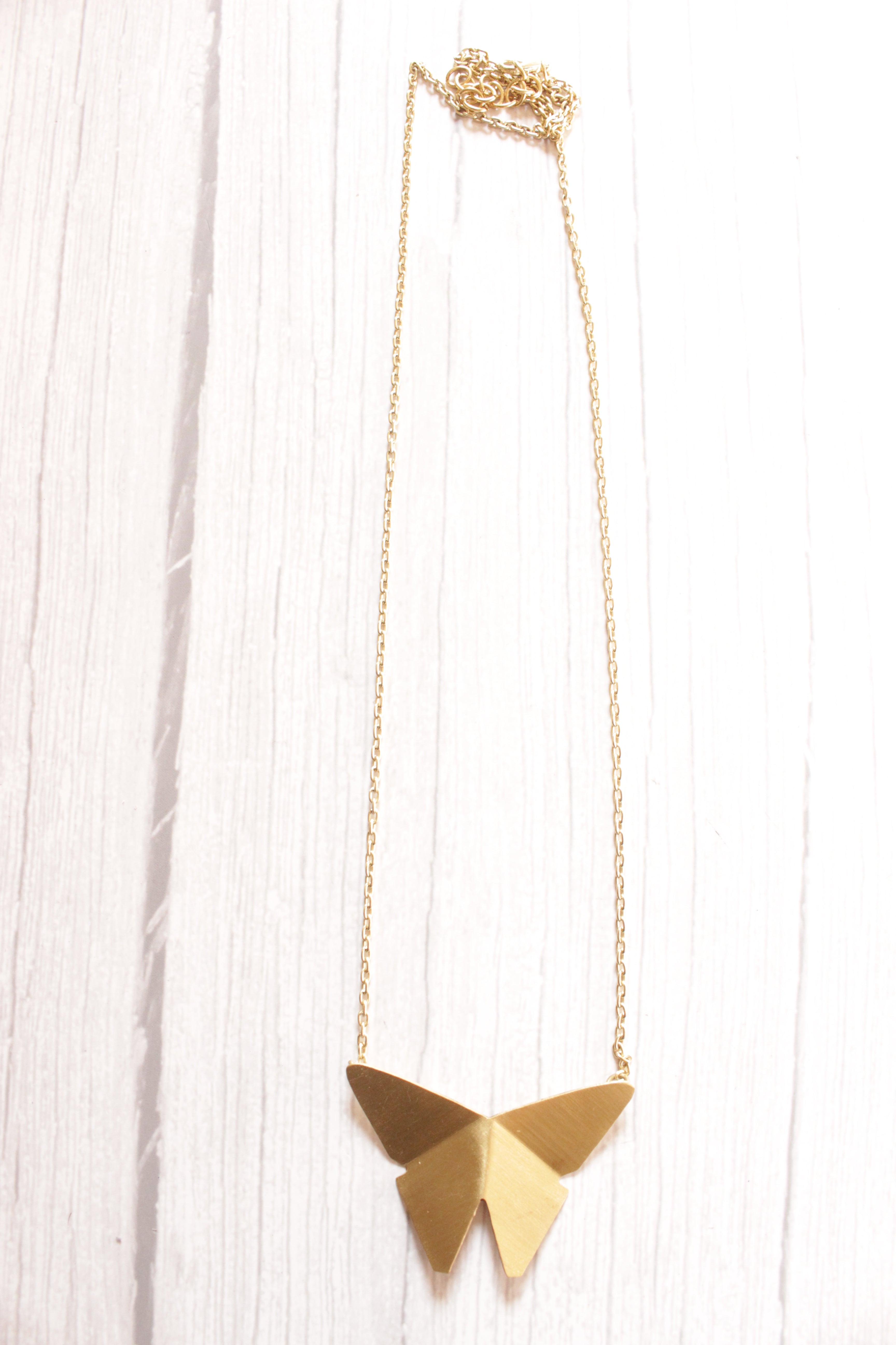 Bright Brass Finish Long Chain Contemporary Butterfly Necklace
