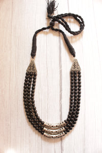 3 Layer Big Black Beads Necklace with Metal Accents and Adjustable Thread Closure