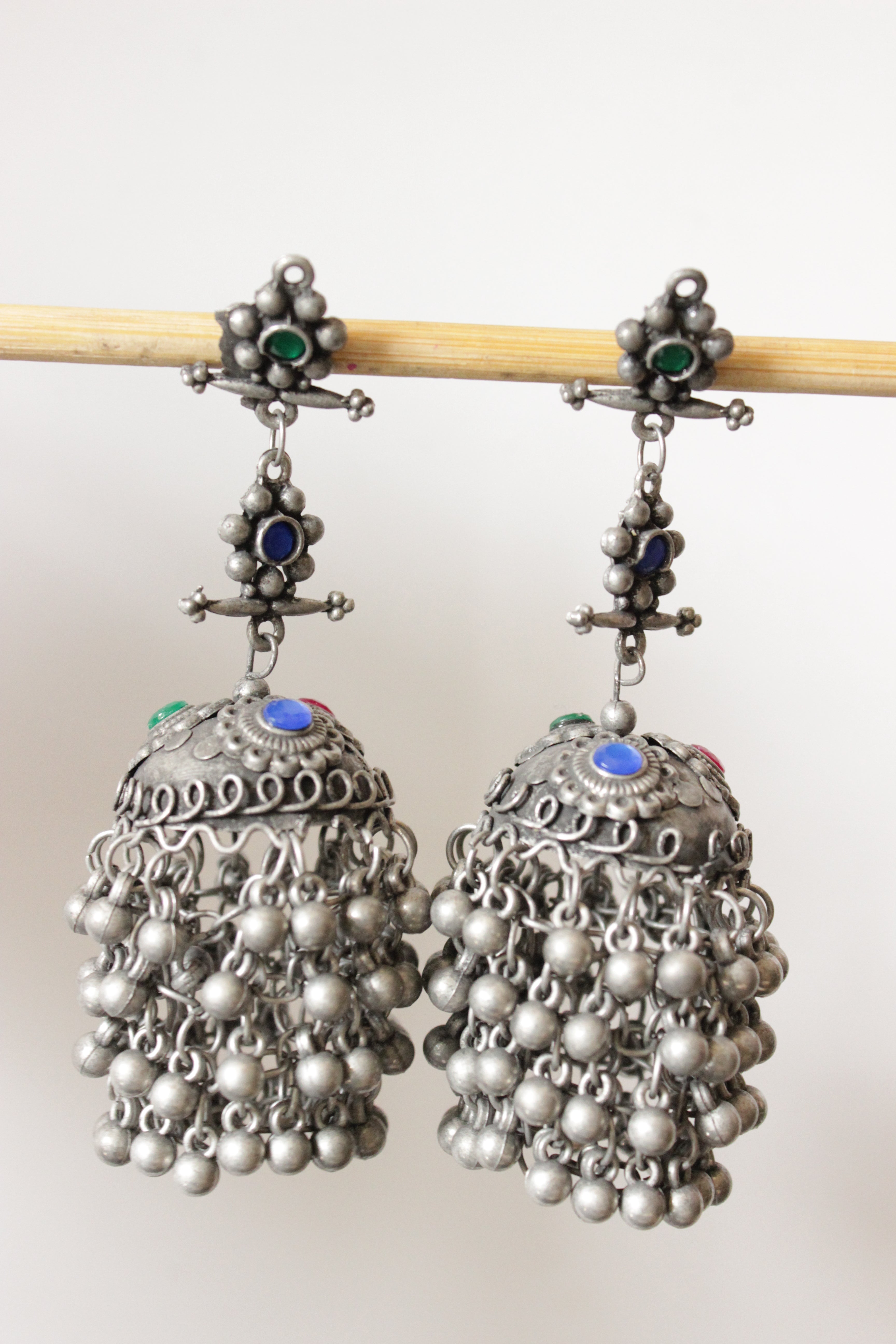 Multi-Color Stones Embedded Long Jhumka Earrings