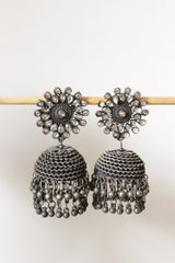 White Glass Stones Embedded Oxidised Finish Jhumkas with Bead Strings