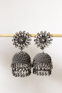 White Glass Stones Embedded Oxidised Finish Jhumkas with Bead Strings