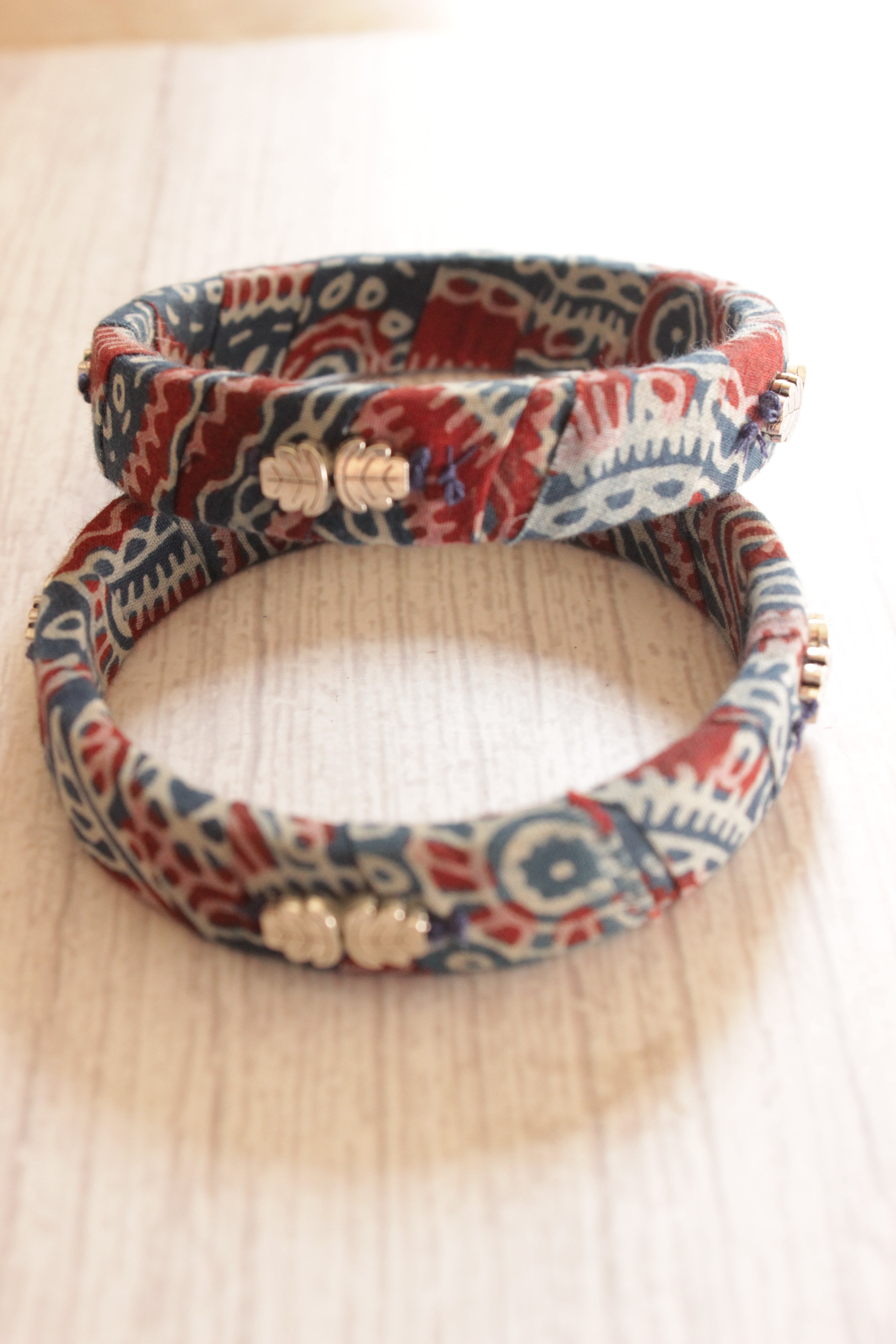 Set of 2 Ajrakh Printed Fabric Wooden Bangles