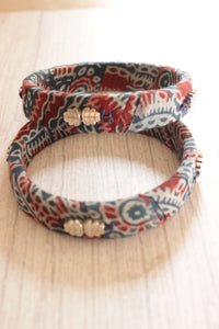 Set of 2 Ajrakh Printed Fabric Wooden Bangles