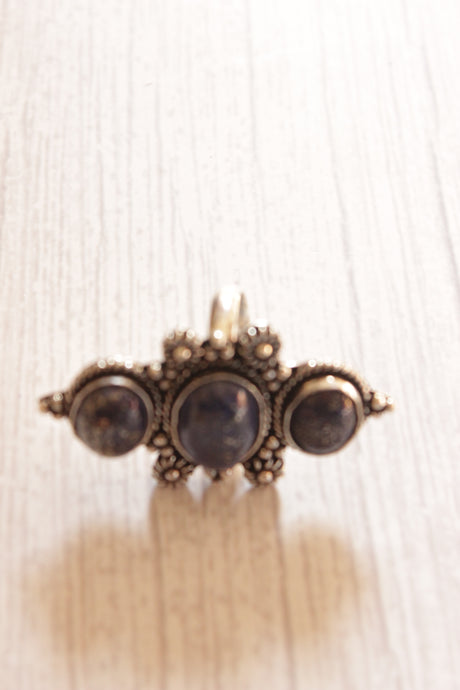 3 Natural Blue Gemstones Embedded Oxidised Finish Silver Ring