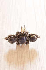 3 Natural Blue Gemstones Embedded Oxidised Finish Silver Ring