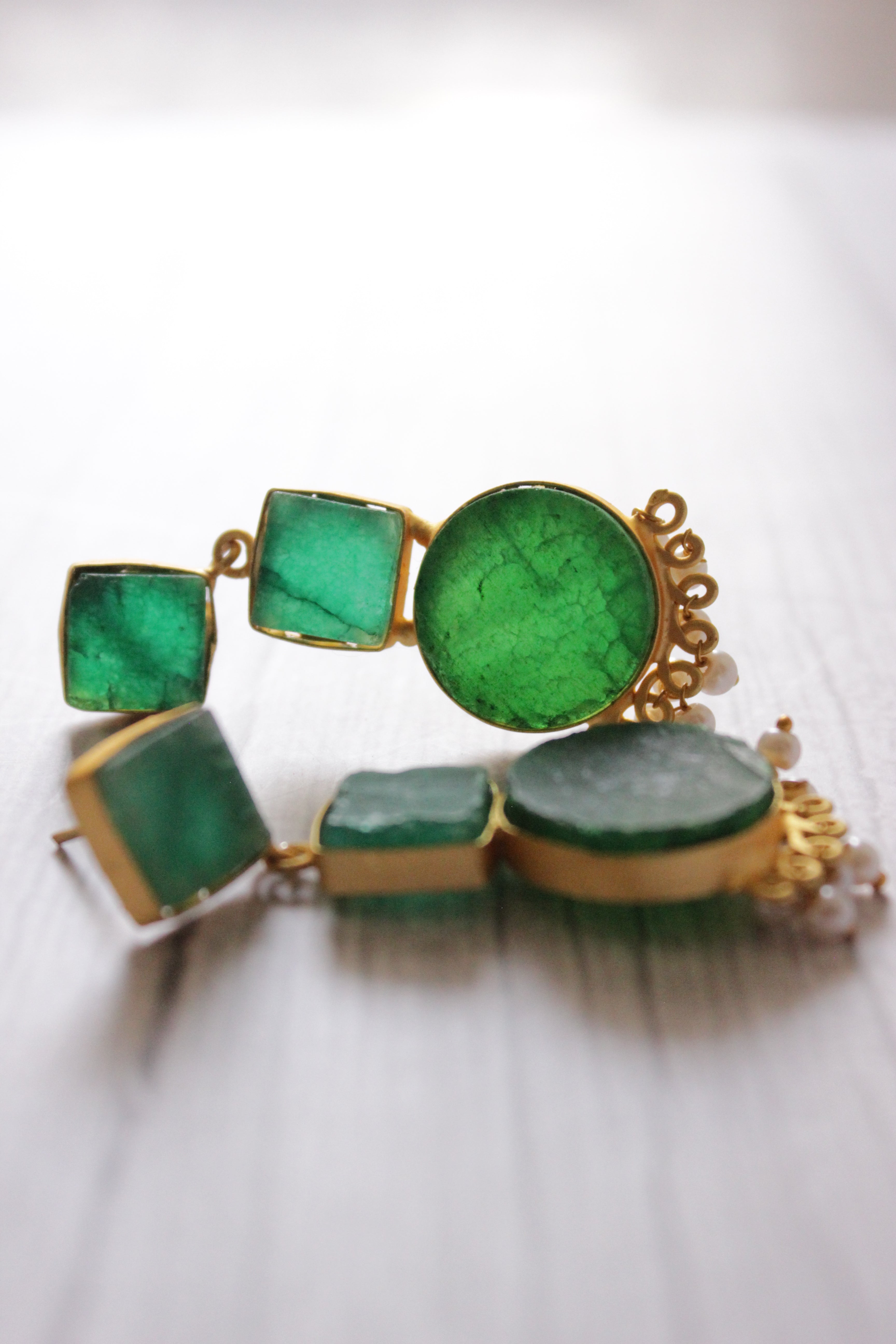 Natural Green Stones Embedded 3 Layer Brass Earrings