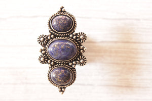 3 Natural Blue Gemstones Embedded Oxidised Finish Silver Ring