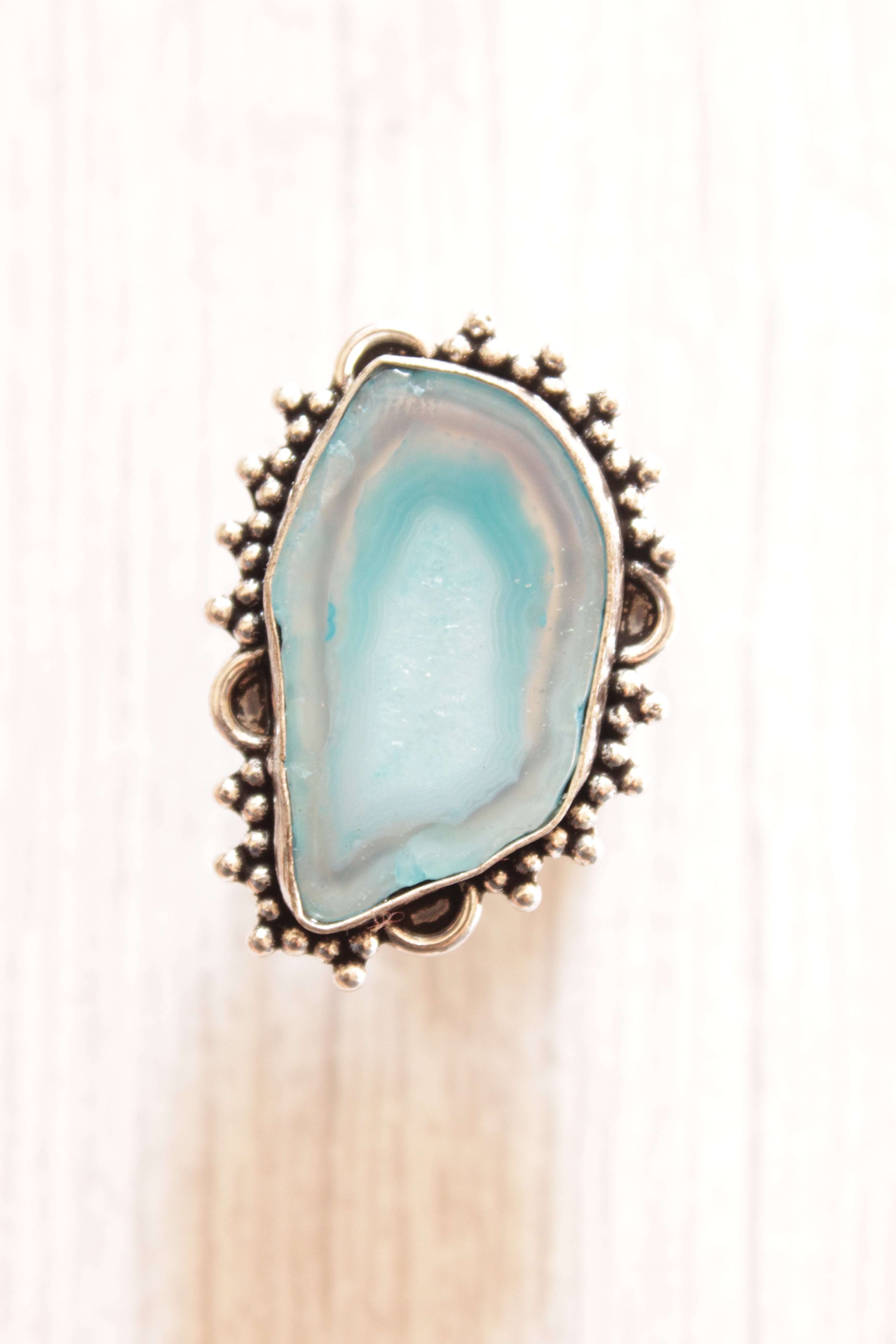 Statement Turquoise Stone Embedded Oxidised Silver Finish Metal Ring