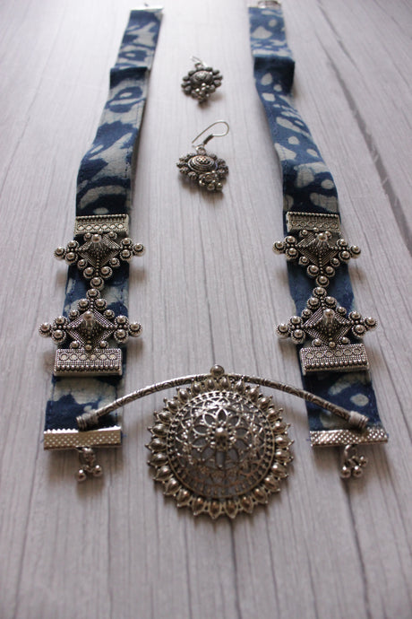 Kantha Work Indigo Fabric Necklace Set with Metal Pendant