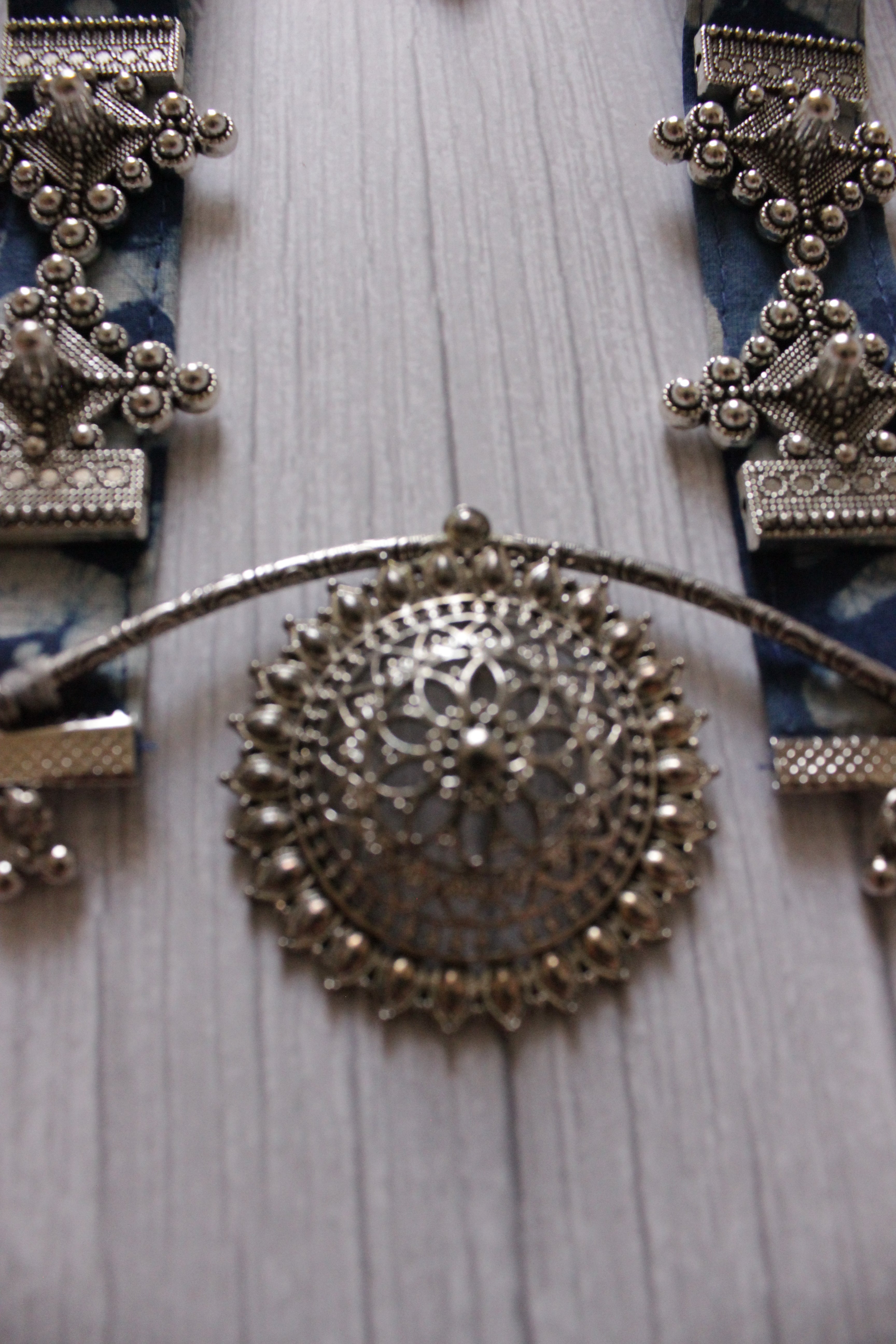 Kantha Work Indigo Fabric Necklace Set with Metal Pendant