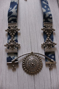 Kantha Work Indigo Fabric Necklace Set with Metal Pendant