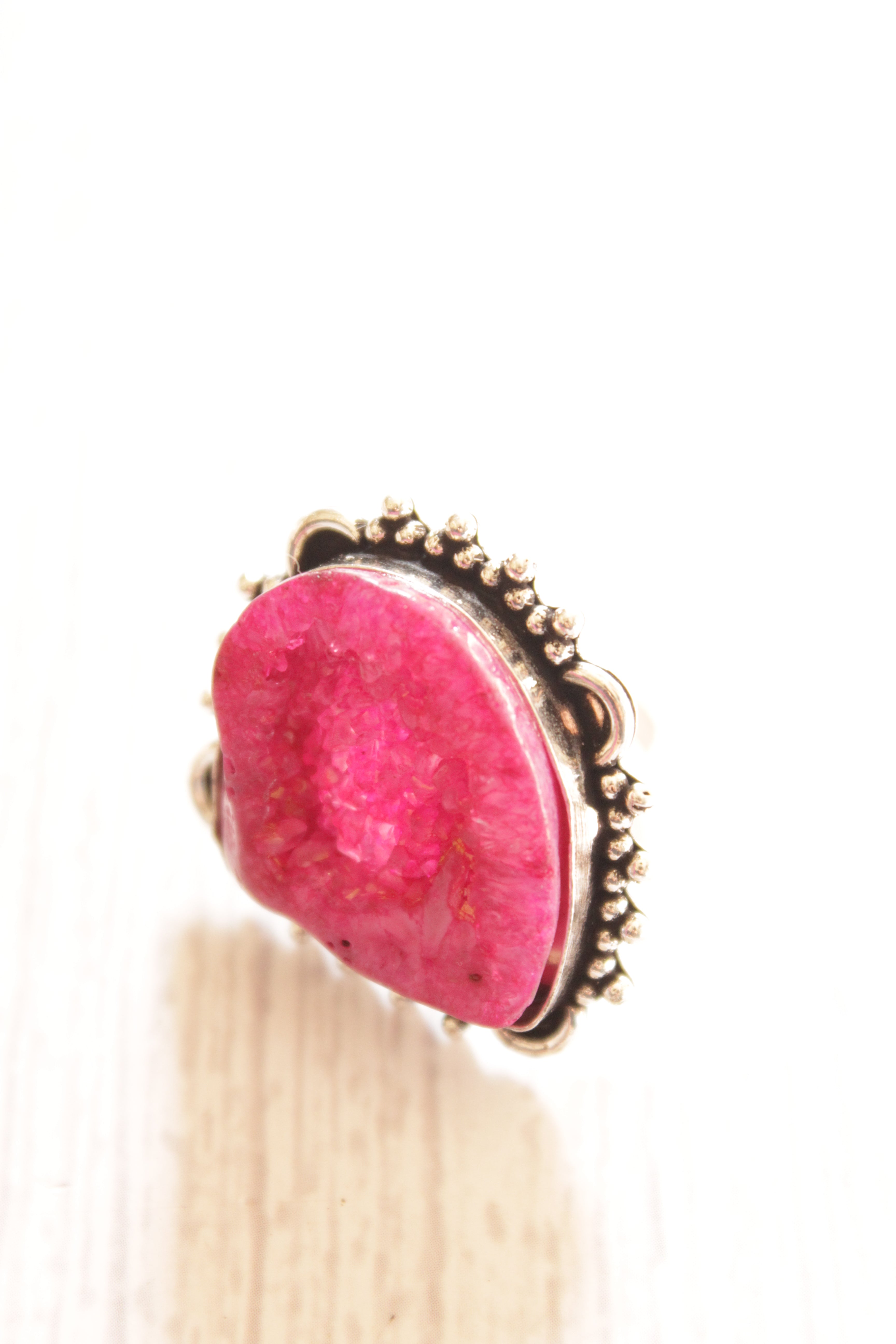 Pink Sugar Druzy Stone Embedded Oxidised Silver Finish Metal Ring