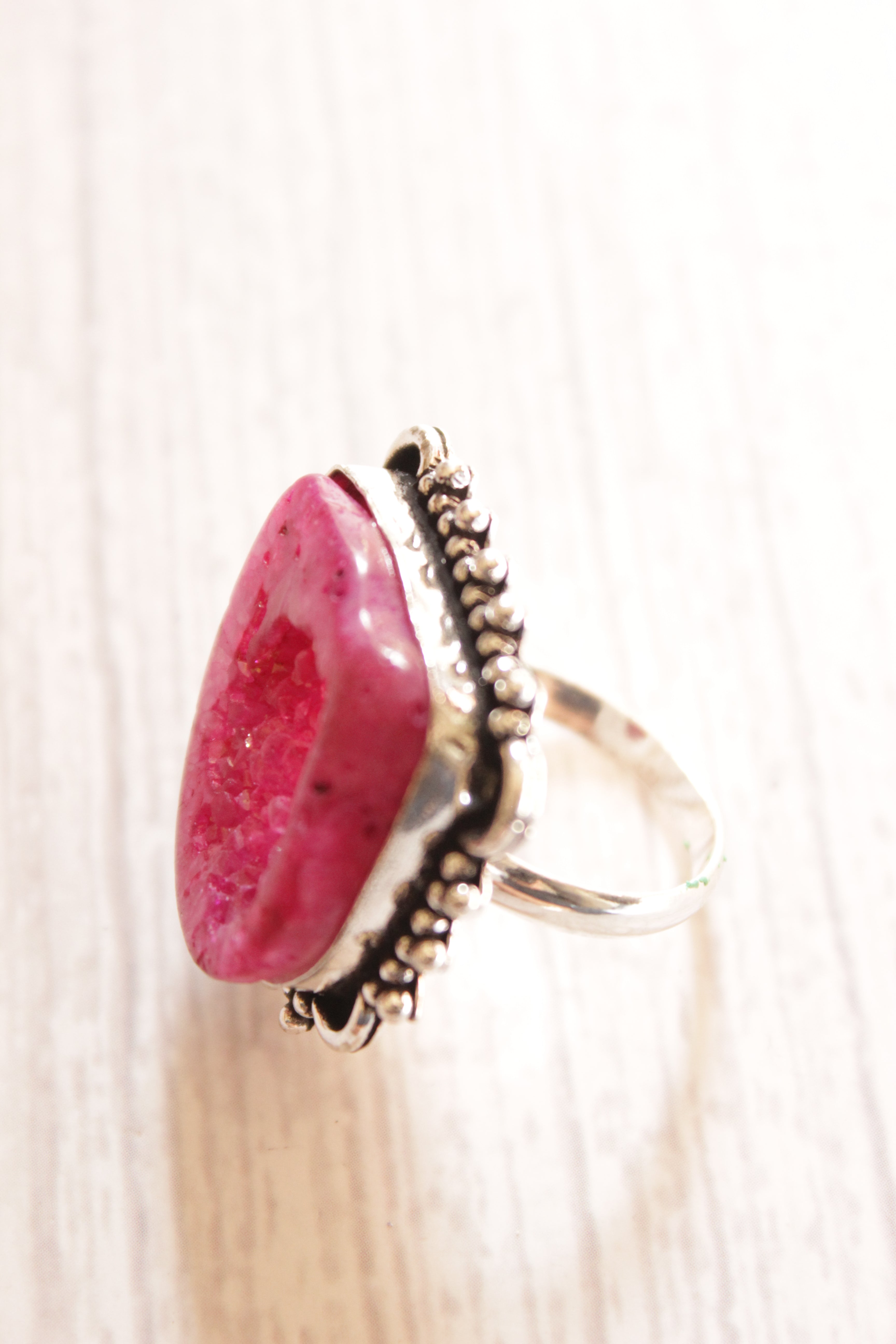 Pink Sugar Druzy Stone Embedded Oxidised Silver Finish Metal Ring
