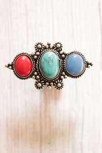 3 Multi-Color Natural Gemstones Embedded Oxidised Finish Silver Ring