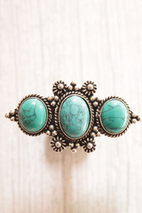 3 Turquoise Natural Gemstones Embedded Oxidised Finish Silver Ring