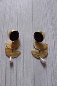 Natural Black Stone Embedded 2 Layer Flower Shaped Brass Earrings