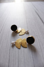 Load image into Gallery viewer, Natural Black Stone Embedded 2 Layer Flower Shaped Brass Earrings
