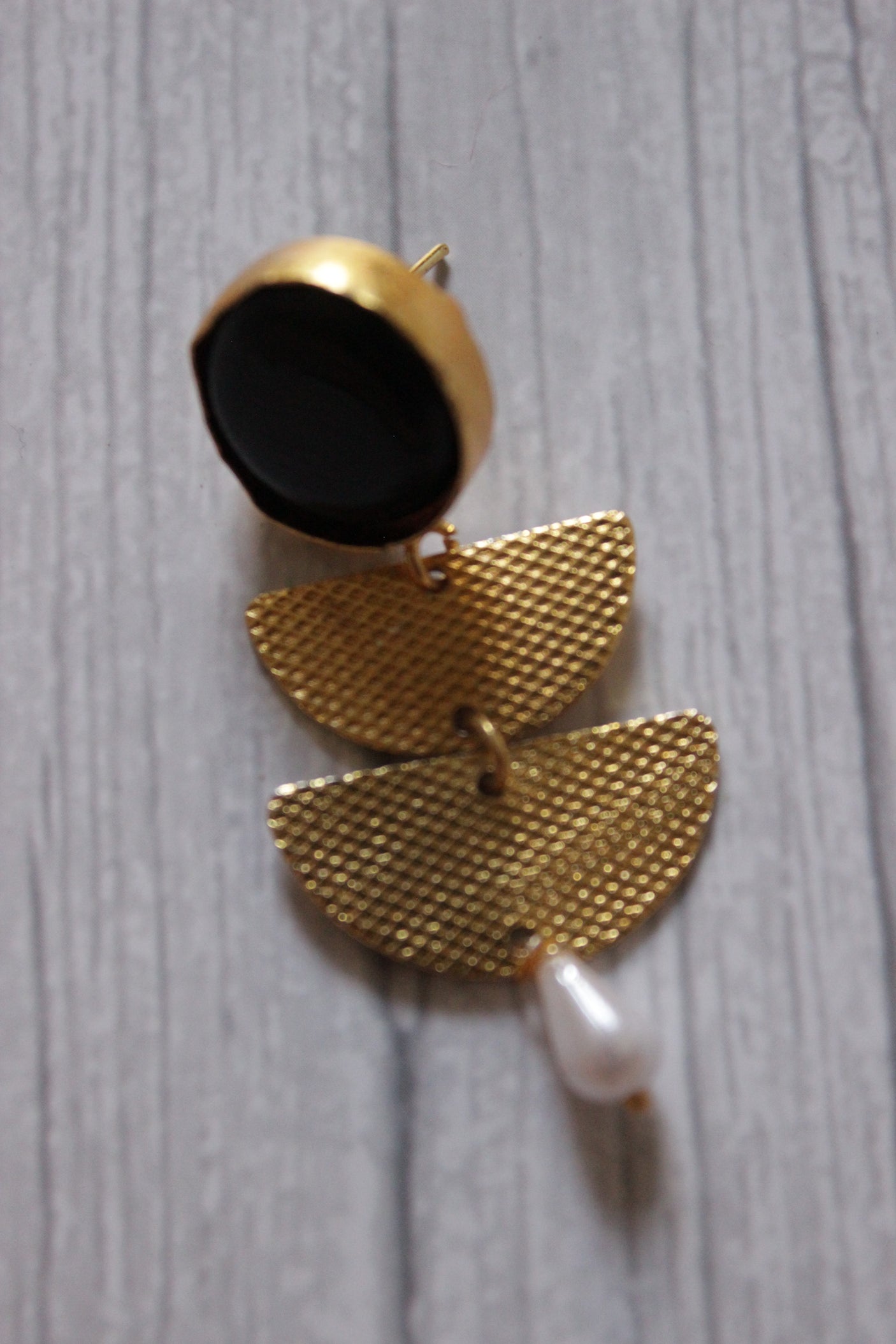 Natural Black Stone Embedded 2 Layer Flower Shaped Brass Earrings