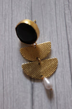 Load image into Gallery viewer, Natural Black Stone Embedded 2 Layer Flower Shaped Brass Earrings
