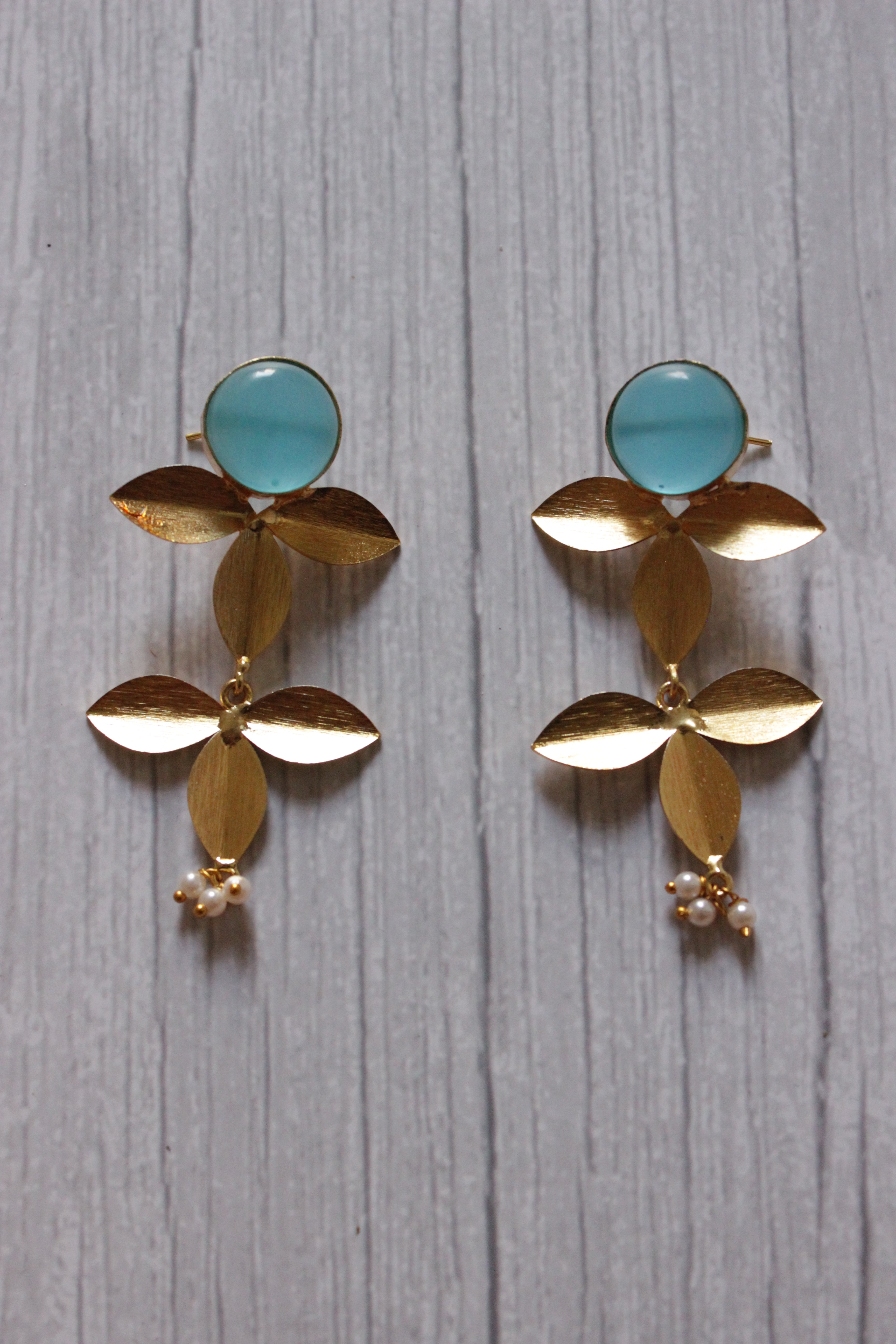 Natural Blue Stone Embedded 2 Layer Flower Shaped Brass Earrings