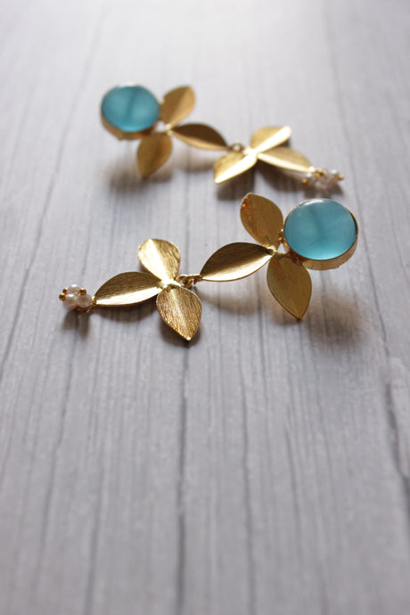 Natural Blue Stone Embedded 2 Layer Flower Shaped Brass Earrings