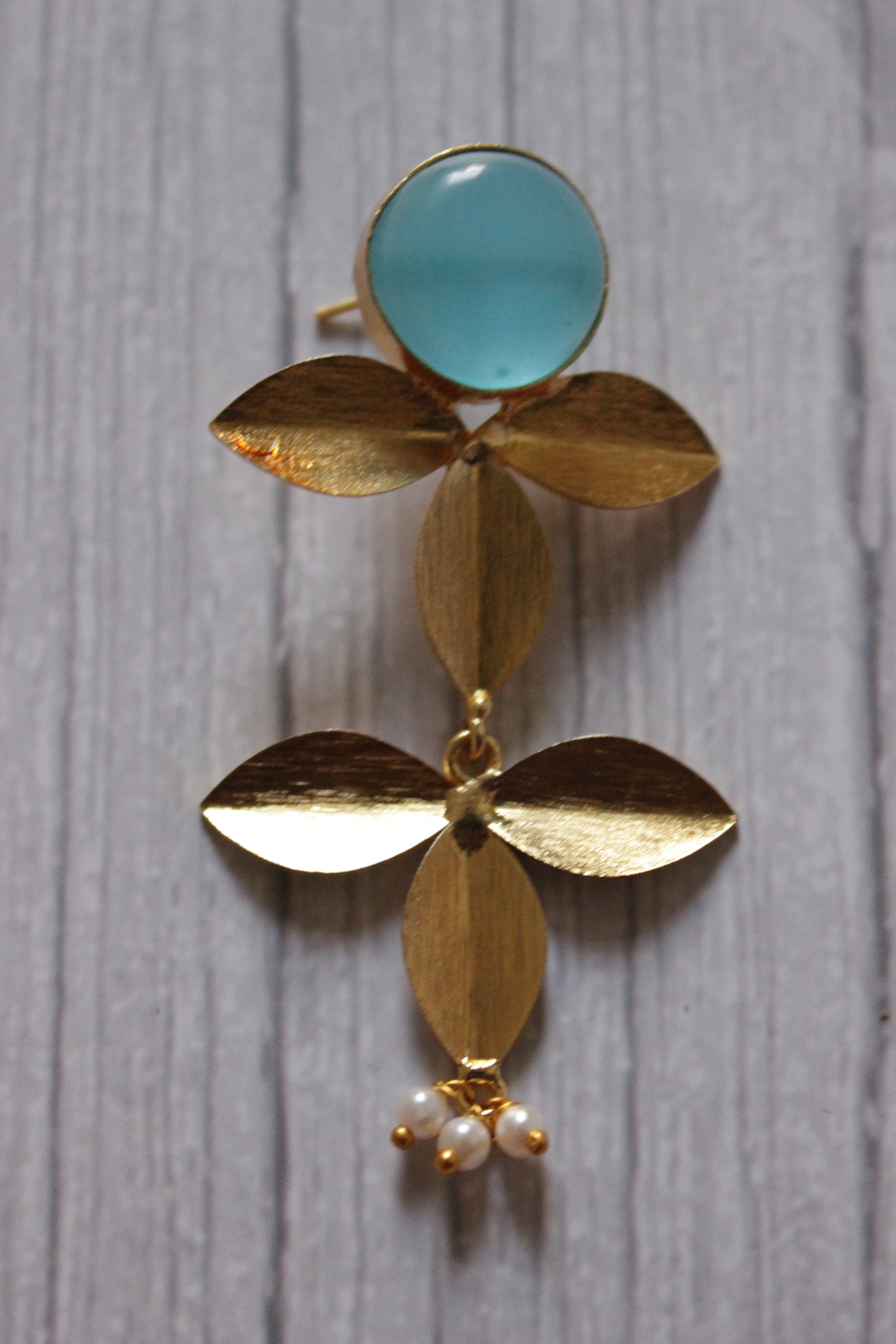Natural Blue Stone Embedded 2 Layer Flower Shaped Brass Earrings