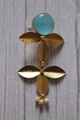 Natural Blue Stone Embedded 2 Layer Flower Shaped Brass Earrings