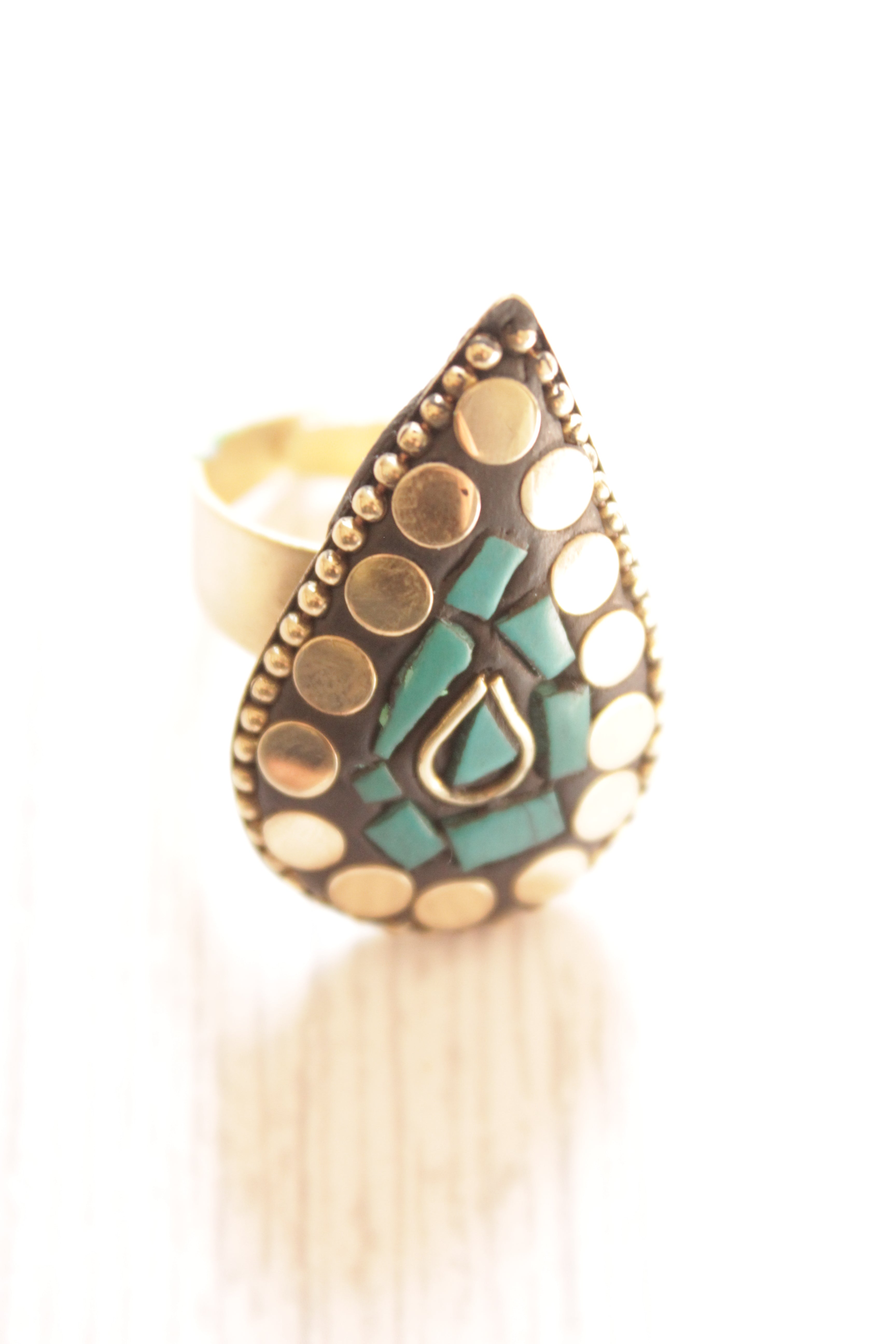 Tear Drop Shaped Statement Tibetan Adjustable Ring with Gold Accents