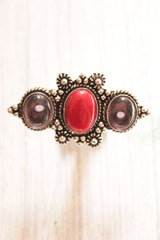 3 Red and Maroon Natural Gemstones Embedded Oxidised Finish Silver Ring