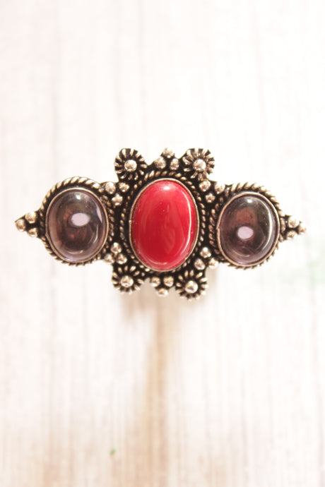 3 Red and Maroon Natural Gemstones Embedded Oxidised Finish Silver Ring