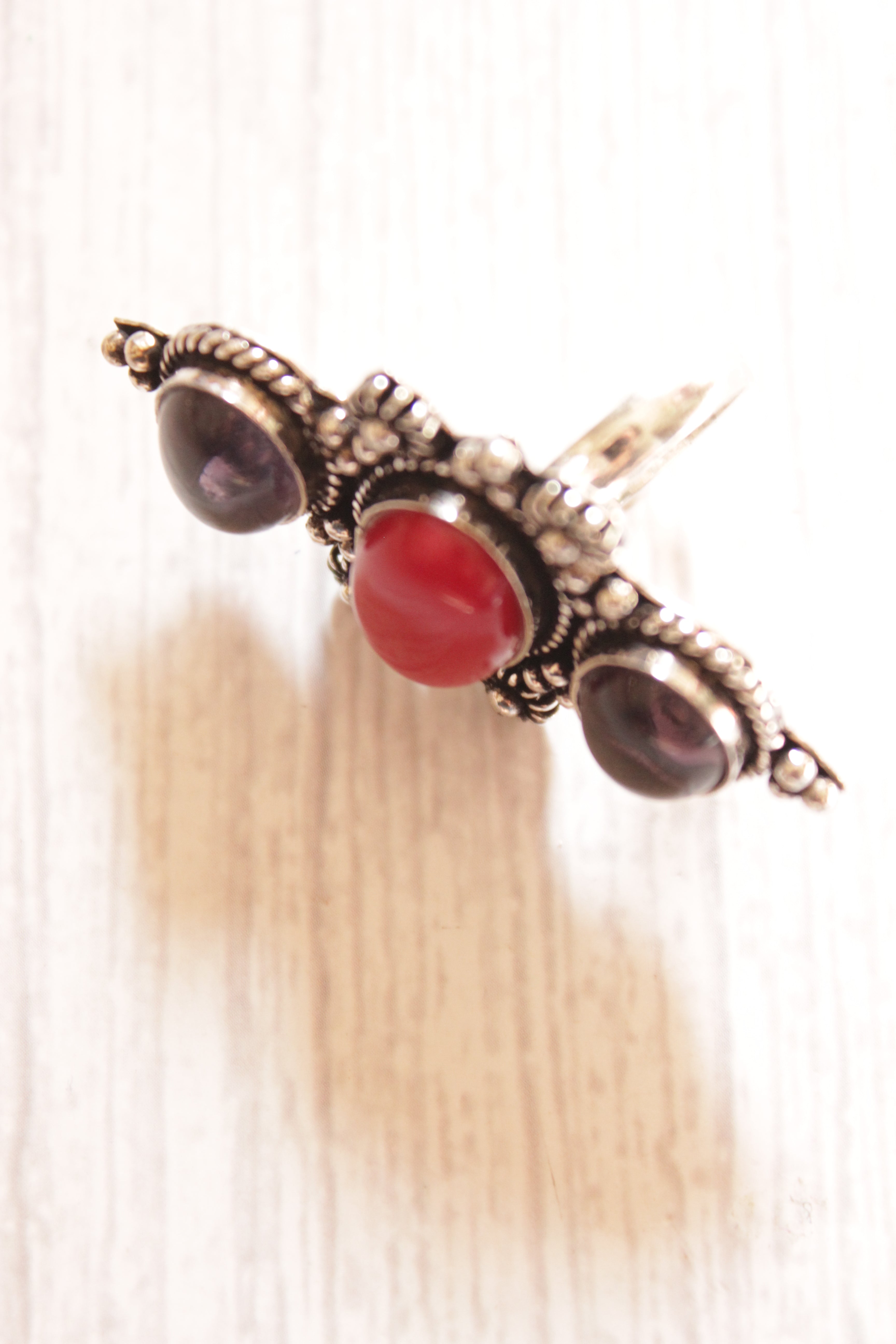 3 Red and Maroon Natural Gemstones Embedded Oxidised Finish Silver Ring