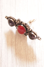 Load image into Gallery viewer, 3 Red and Maroon Natural Gemstones Embedded Oxidised Finish Silver Ring

