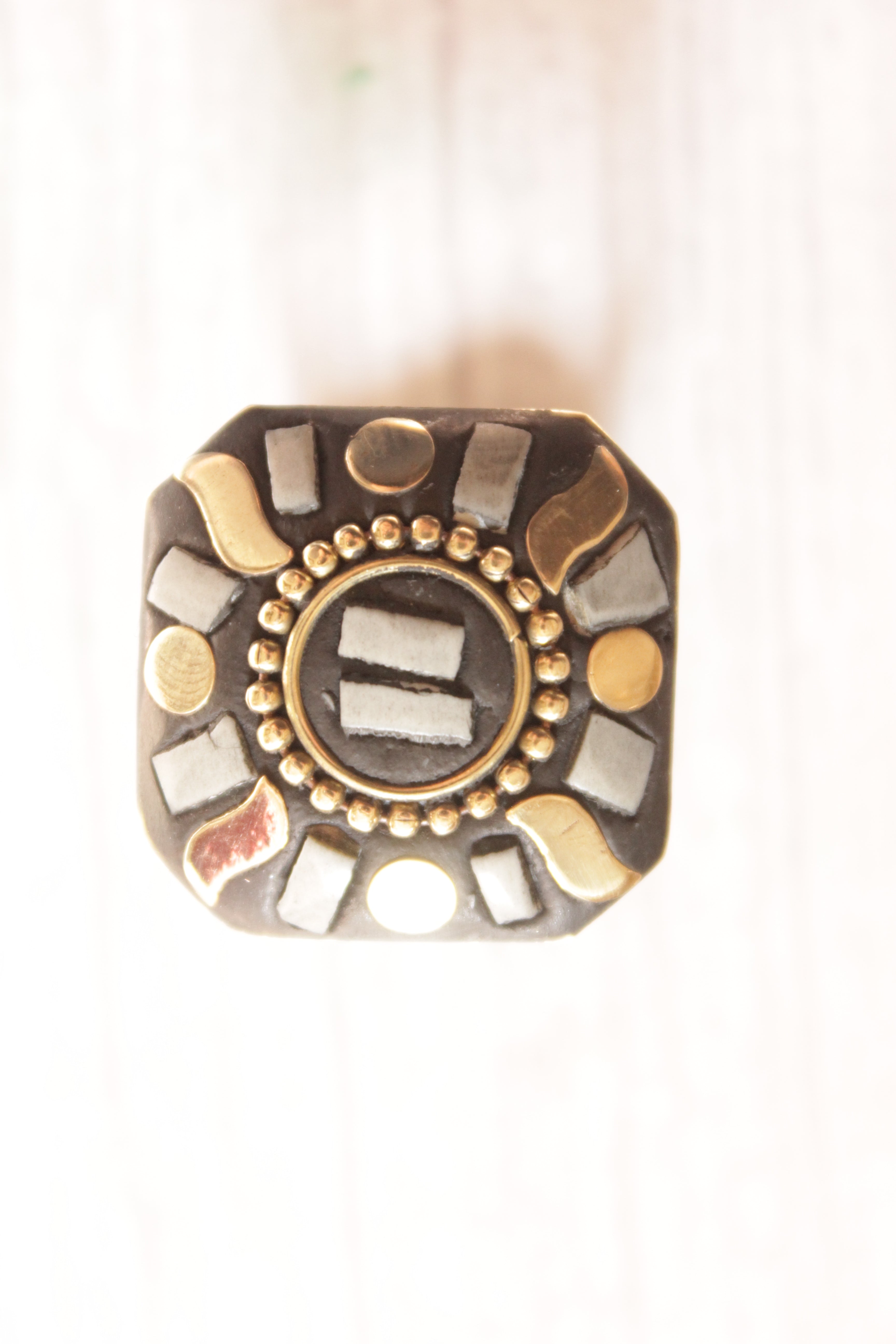 Square Statement Tibetan Adjustable Ring with Gold Accents