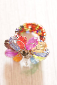 Multi-Color Glass Stones Flower Shaped Silver Finish Metal Ring