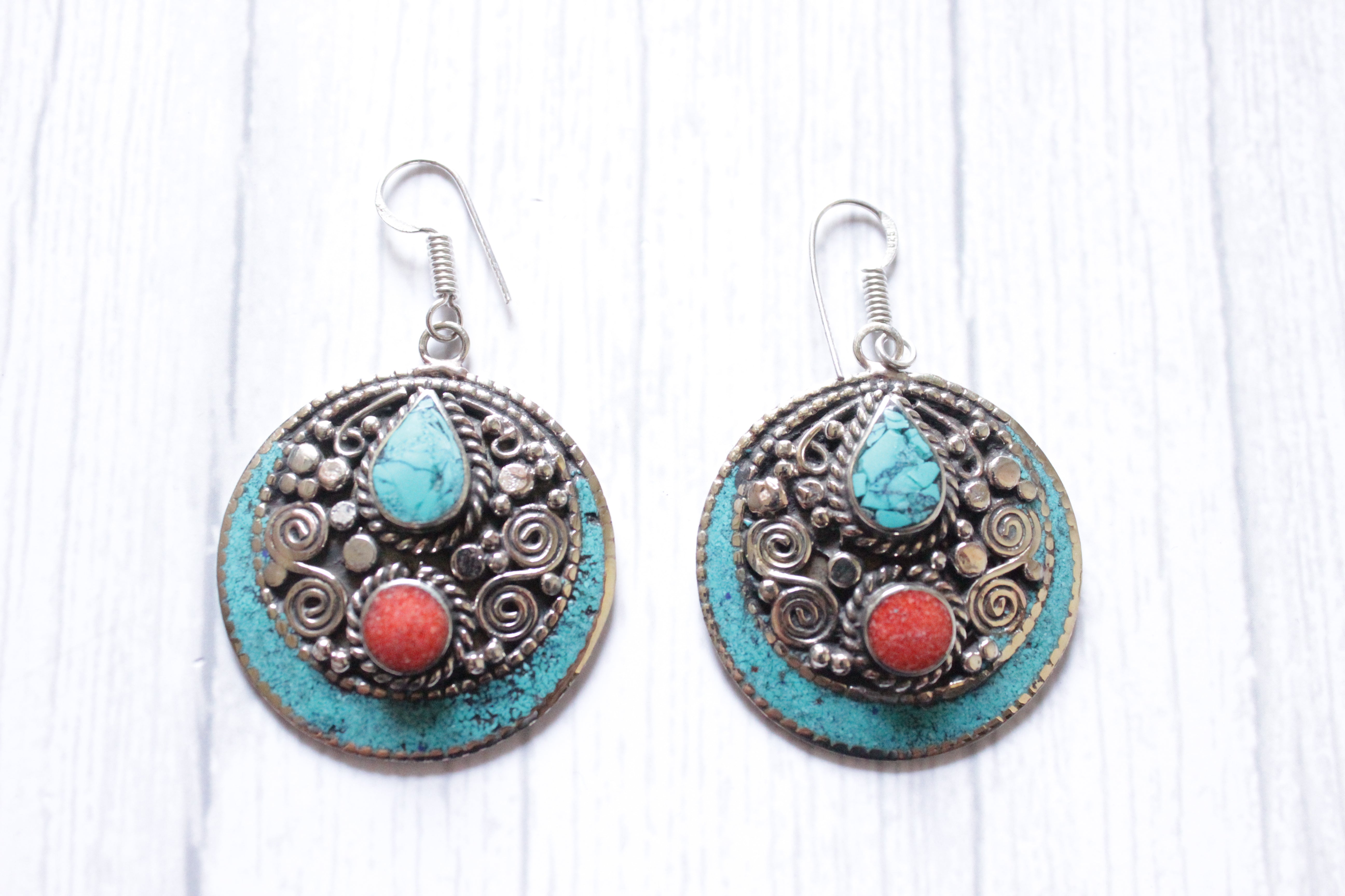 Vintage Red Coral Turquoise Nepali Tibetan Earrings