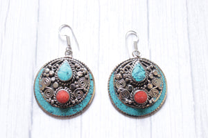Vintage Red Coral Turquoise Nepali Tibetan Earrings