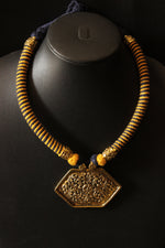 Load image into Gallery viewer, Hasli Style Twisted Fabric Choker Necklace with Antique Gold Finish Metal Pendant
