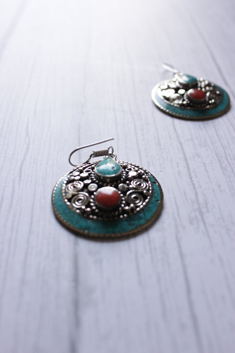 Vintage Red Coral Turquoise Nepali Tibetan Earrings