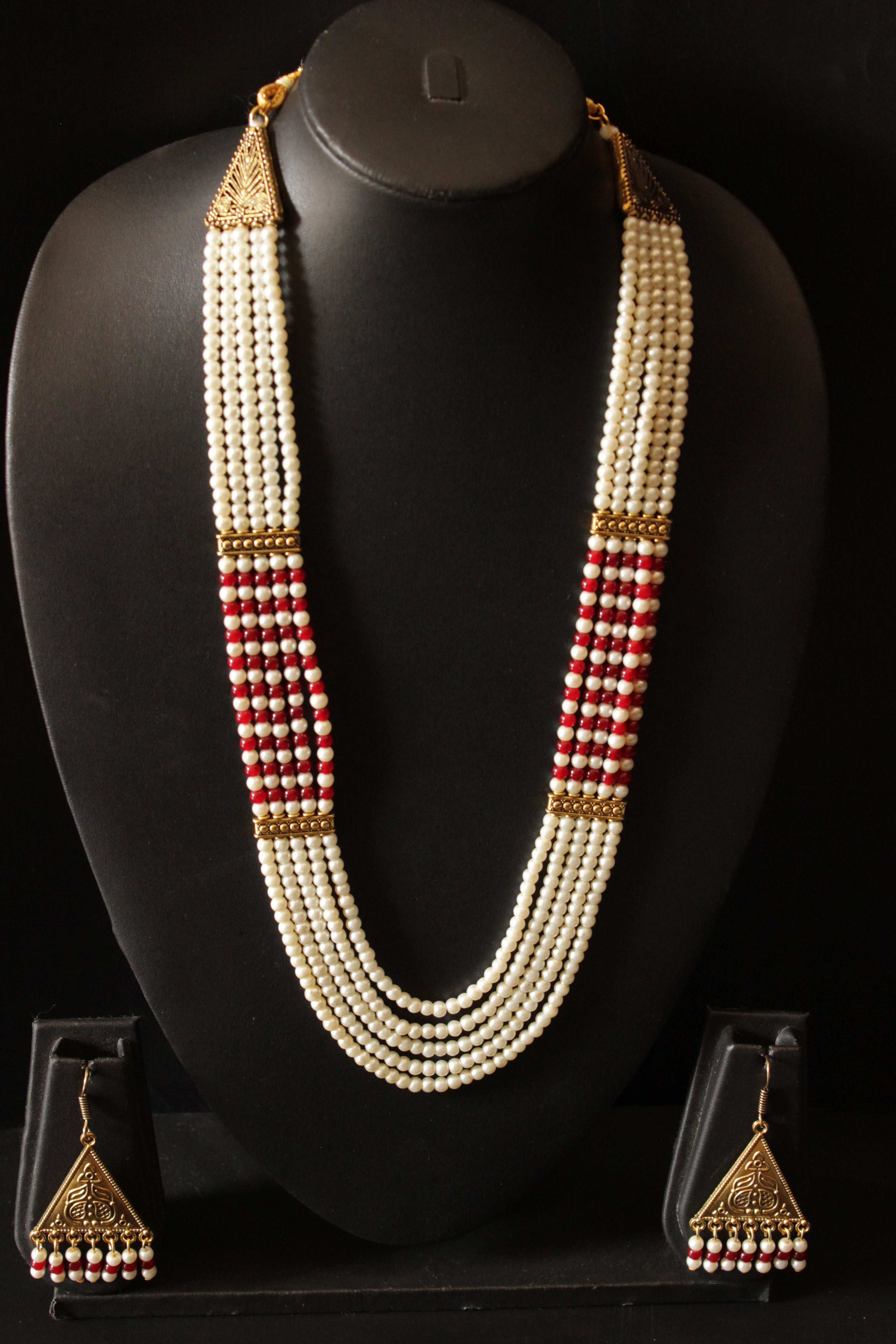 5 Layered White and Red Beads Necklace Set with Gold Finish Metal Accents