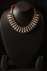 Black and Red Hand Beaded Silver Finish Choker Necklace with Adjustable Thread Closure