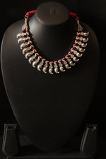 Load image into Gallery viewer, Black and Red Hand Beaded Silver Finish Choker Necklace with Adjustable Thread Closure
