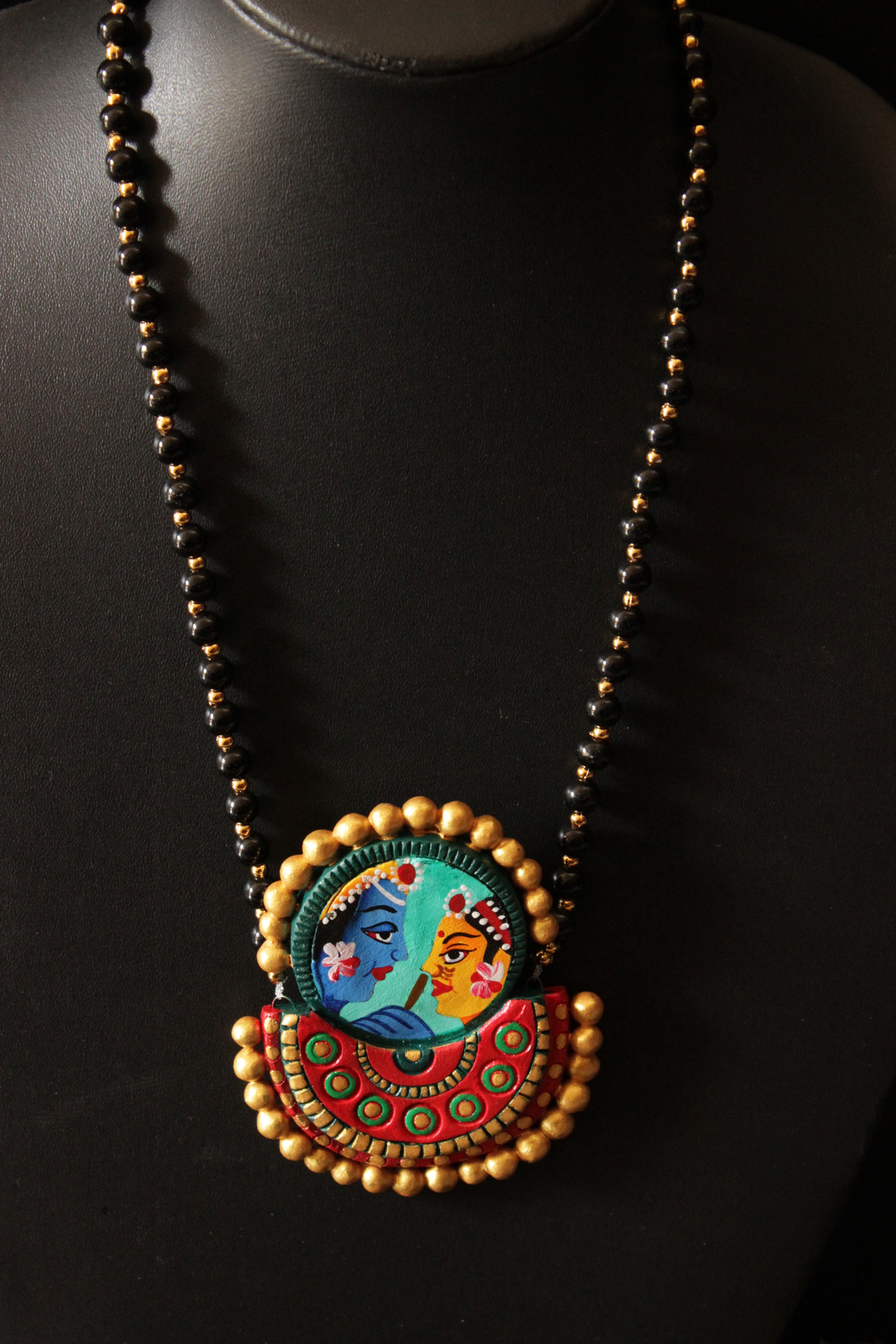Radha Krishna Hand Painted Terracotta Clay Necklace Set with Jhumka Earrings