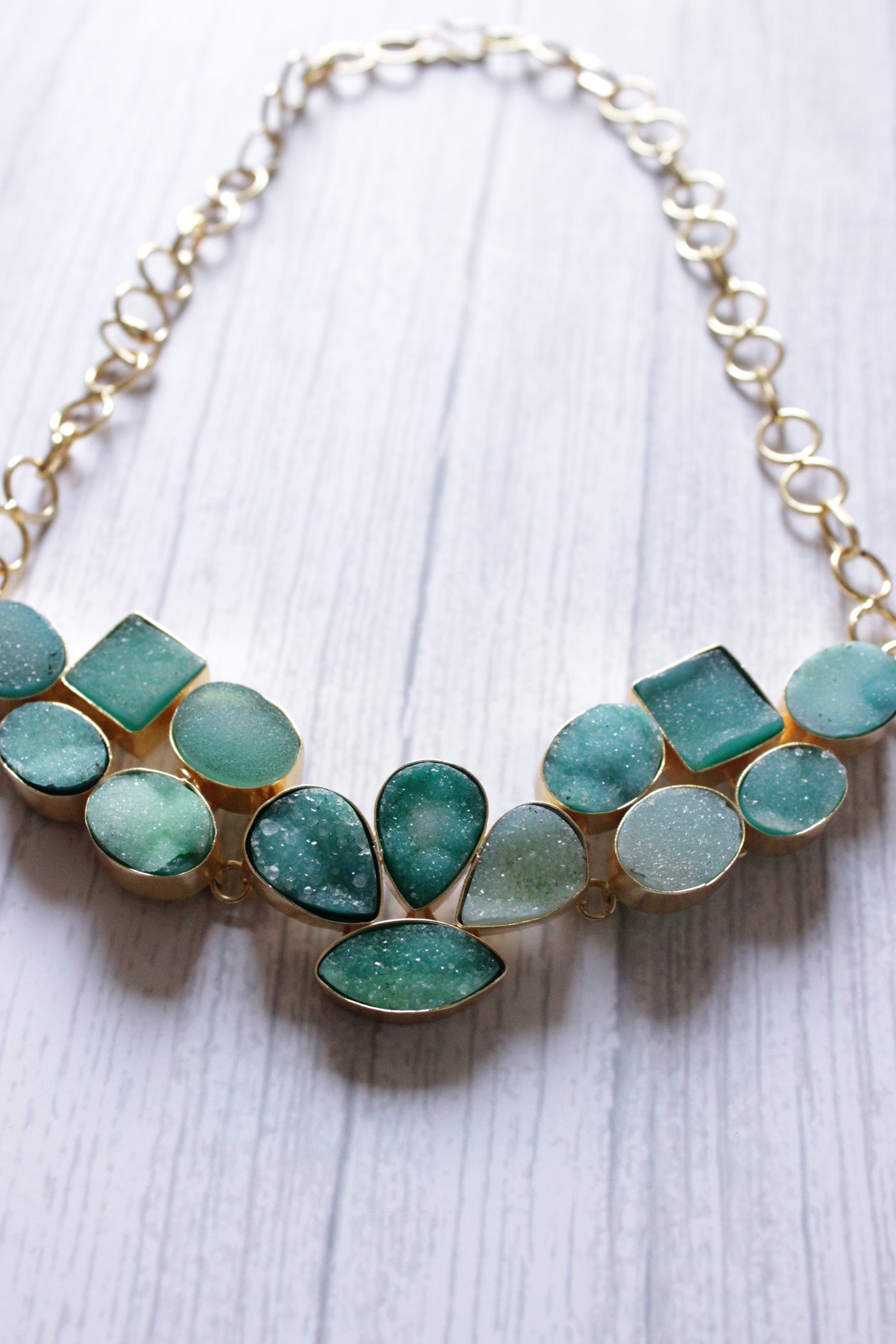 Sky Blue Sugar Druzy Gemstone Embedded Gold Plated Choker Necklace