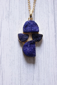 Titanium Ink Blue Sugar Druzy Gemstone Embedded Gold Plated Necklace