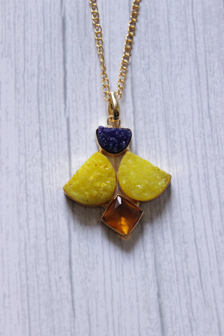 Bright Yellow and Blue Sugar Druzy Gemstone Gold Plated Necklace