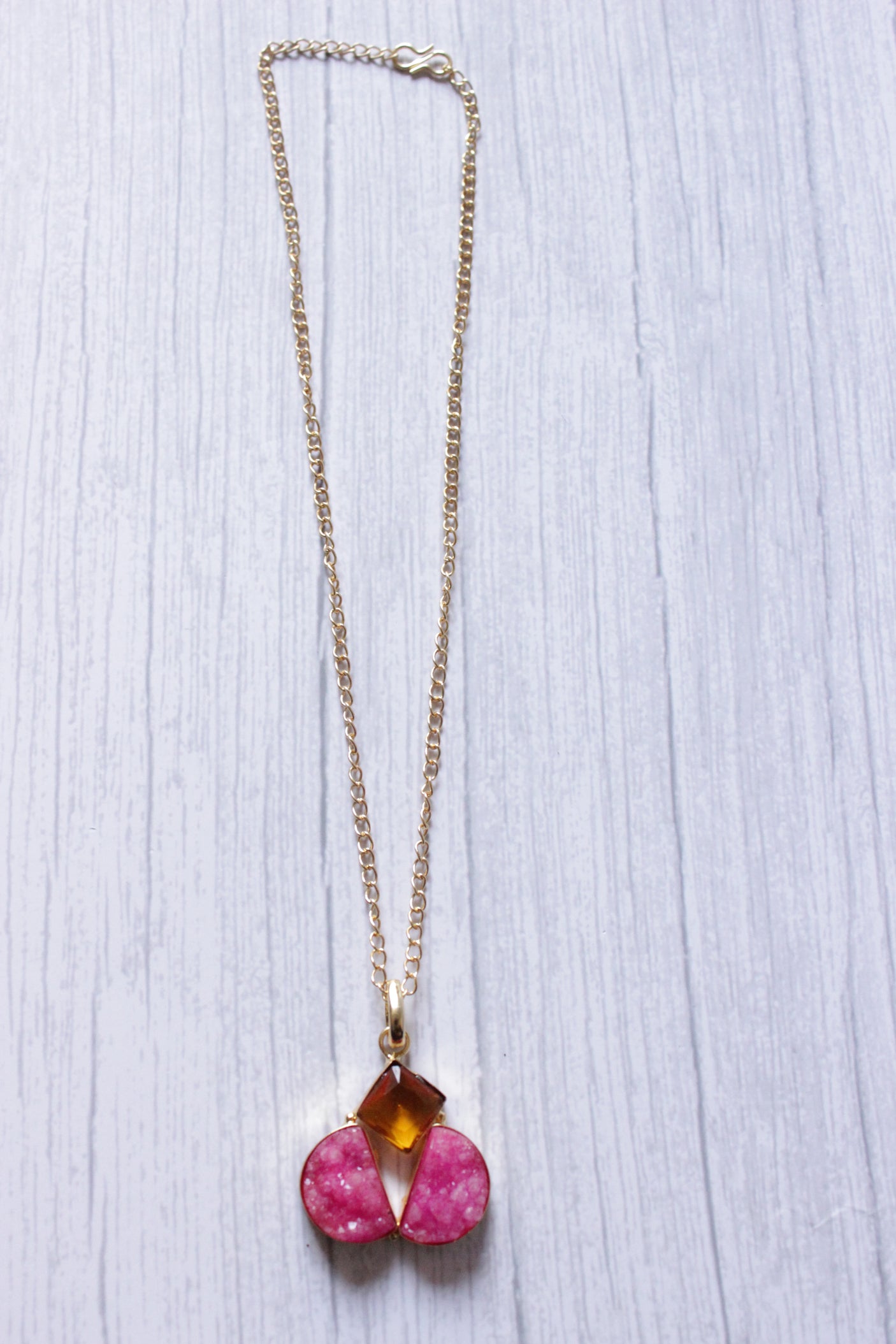 Pink Sugar Druzy Gemstone Handmade Gold Plated Pinwheel Necklace