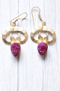 Pink Sugar Druzy Natural Gemstone 2 Swans Motif Gold Plated Dangler Earrings