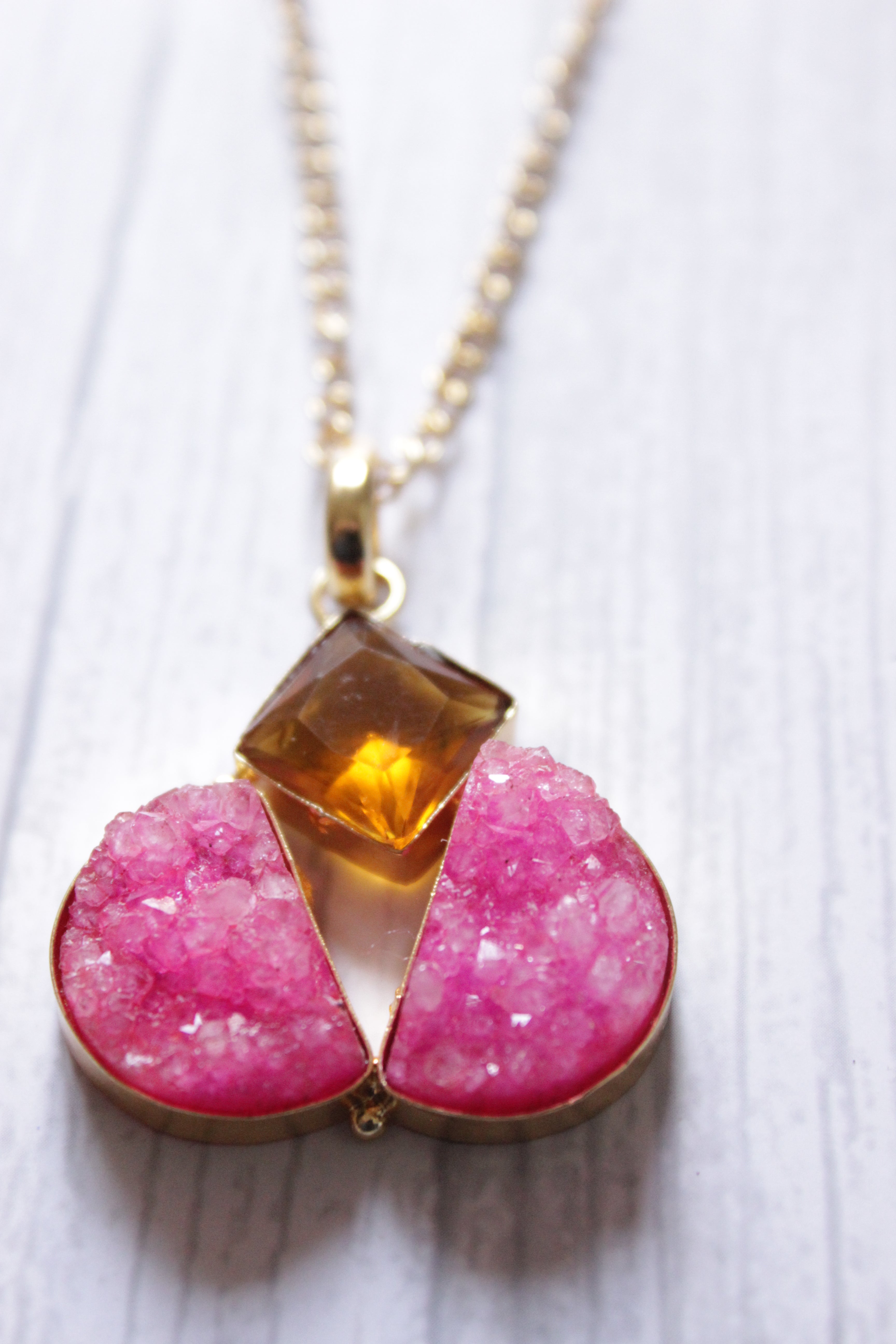 Pink Sugar Druzy Gemstone Handmade Gold Plated Pinwheel Necklace