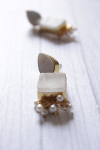 MOP White Quartz Rough Gemstone Gold Plated Earrings