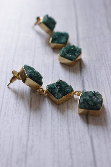 Green Sugar Druzy Gemstone Gold Plated 3-Layer Earrings